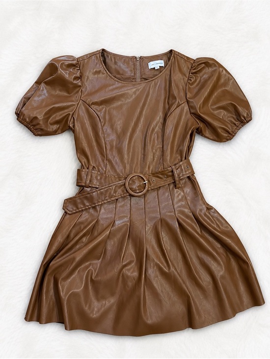 Lost + Wander Dresses & Skirts - Lost + Wander Faux Leather Puff Sleeve Mini Dress Small Brown Belted